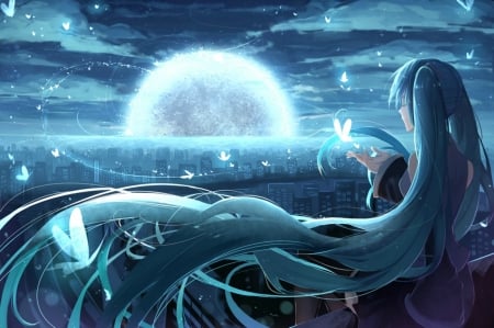 Hatsune Miku - moon, girl, night, summer, white, butterfly, phino, blue, luminos, anime, luna, manga