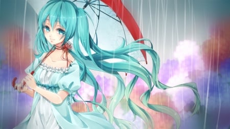 Hatsune Miku - anime, vocaloid, blue, mizuno ritsu, girl, hatsune miku, manga, white, umbrella, red, rain