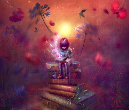 That sunset story - girl, luminos, thegirlcansmile, child, copil, book, fantasy, flower