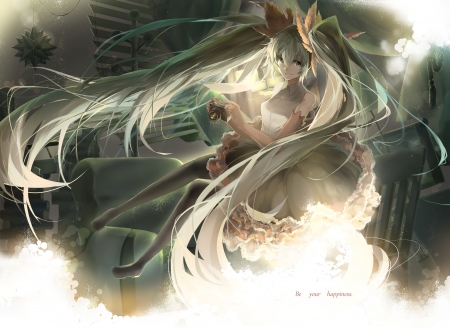 Hatsune Miku - anime, camera, girl, feather, hatsune miku, hair, saihate, manga, wind