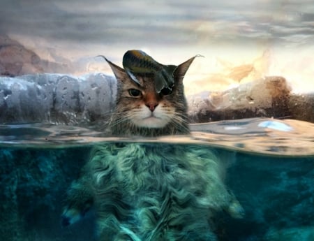 My little cat - tyami, cat, water, summer, pisica, fantasy, creative, blue, fish, animal, sea