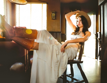 Hot Day. . - women, fun, female, Niki, boots, hats, fashion, room, table, models, brunettes, western, girls, cowgirl, style, ranch