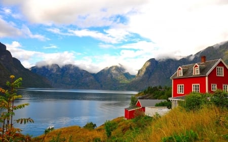 Red House by the Lake - clouds, house, nature, red, boat, lake, mountains, sky