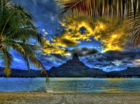 The Water House on the Lake - clouds, trees, water, nature, lake, houses, mountain, palm