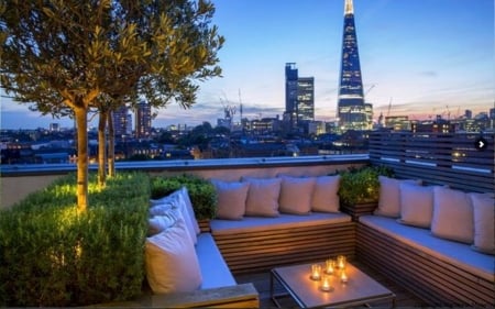 Terrace - trees, roof, terrace, city, night