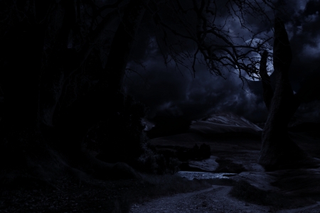 gothic moon - moon, forest, stream, gothic, path