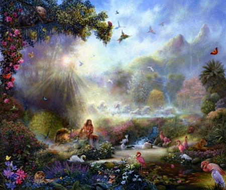 Heaven's garden - animals, heaven, painting, tom dubois, art, adam, man, jungle, luminos, pictura, green, monkey, flower