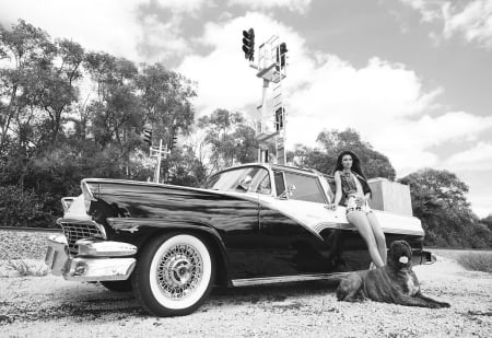 Lazy Day. . - fun, female, boots, fashion, dog, brunettes, western, cowgirl, style, pet, old Ford, women, models, April Rose, girls, outdoors, ranch