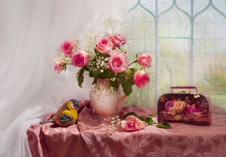 Still life - pretty, bird, beautiful, bouquet, window, vase, still life, roses, lovely