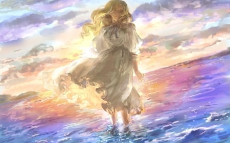 Anime Girl - girl, sunset, sea, wind, dress