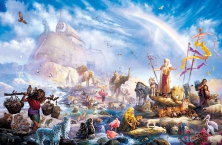 The celebration - ark, tom dubois, painting, celebration, art, luminos, animal, pictura, noah