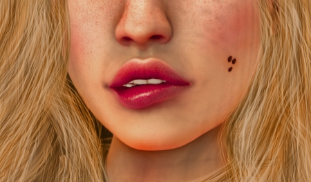 :-) - girl, lips, bite, detail, face, painting, art, red, luminos, pictura