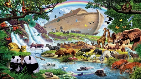 Noah's ark after the flood - psnda, animal, bird, art, ark, fantasy, pasare, noah, luminos, painting