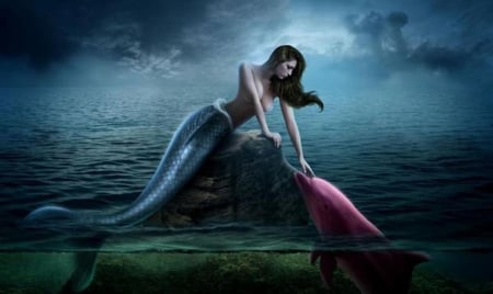 Mermaid and dolphin - girl, mermaid, pink, blue, fantasy, dolphin