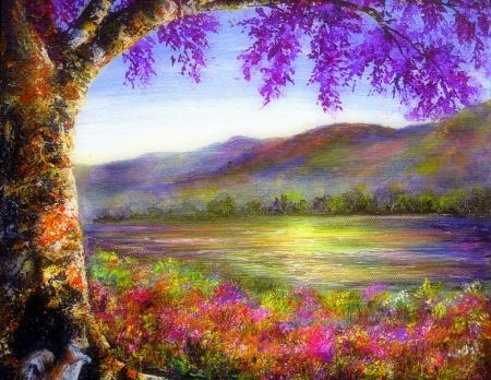 Lovely Mountain Painting - flowers, mountains, trees, water