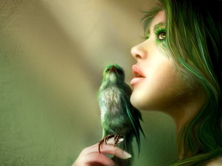 Lovely Green Haired Lady - lady, bird, hair, green