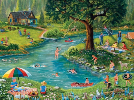 Fun at the lake - nature, painting, water, people