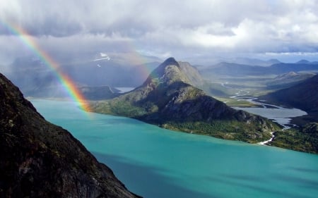 Rainbow Above the Island - nature, sky, rainbow, island, mountains, sea