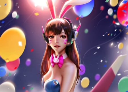 Dream - dream girl, girl, colorful, bunny, balloon, overwatch, fantasy, ears, mercy, luminos, dva, liang xing, party