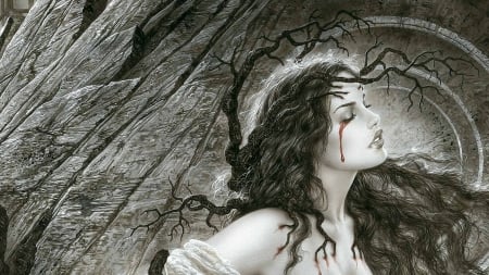 Blood tears - blood, tears, luis royo, girl, black, fantasy, white, red, woman, bw, art