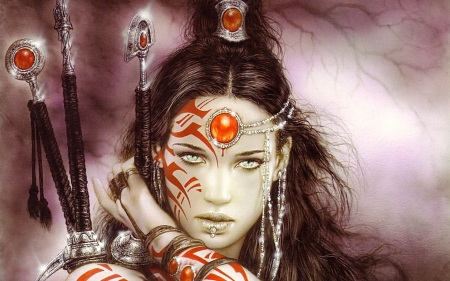 Warrior girl - fantasy, warrior, red, girl, luis royo, art, luminos