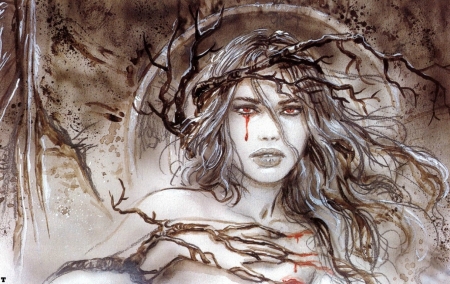 Hurt - blood, tears, branch, luis royo, girl, fantasy, red, woman, face, art, luminos