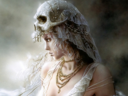 Priestess - priestess, fantasy, white, girl, luis royo, art, luminos, skull