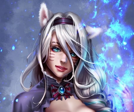 Ahri - blue, ears, fox, girl, ahri, frumusete, fantasy, white, prywinko, luminos