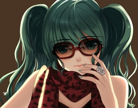 Hatsune Miku - hatsune miku, girl, sunglasses, scarf, hand, anime, green, aprilred, manga