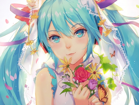 Hatsune Miku - flower, vocaloid, anime, girl, atdan, hatsune miku, blue, manga