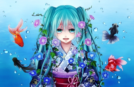 Hatsune Miku - summer, red, flower, morning glory, cute, blacksio, anime, girl, blue, manga, fish, orange, kimono, luminos, underwater, hatsune miku