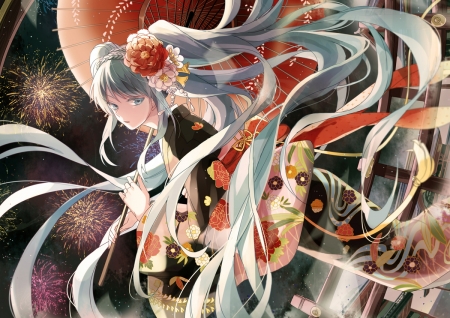 Hatsune Miku - red, michi, vocaloid, anime, girl, manga, kimono, hair, hatsune miku