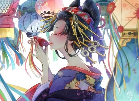 Geisha - nekozuki yuki, anime, geisha, blue, girl, kimono, drink, mang, art, asian, luminos, glass, japanese