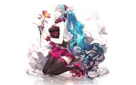 Hatsune Miku - hatsune miku, girl, phino, pink, blue, anime, flower, manga