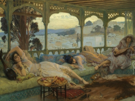 Late afternoon Algeria - painting, odalisque, luminos, pictura, summer, arthur frederick bridgman, harem