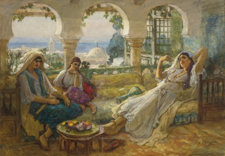 Harem - odalisque, summer, girl, harem, arthur frederick bridgman, pictura, painting, woman, luminos