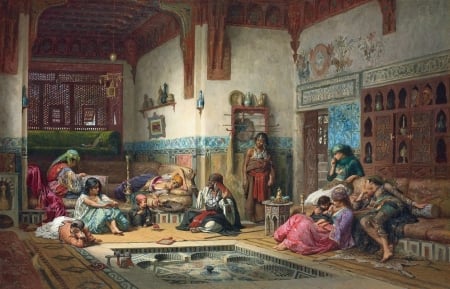 The Nubian Storyteller in the Harem - odalisque, summer, harem, arthur frederick bridgman, pictura, painting, woman, art, luminos