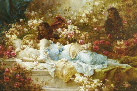 Sleeping Beauty - summer, girl, beauty, flower, pictura, sleep, hans zatzka, painting, garden, art, luminos