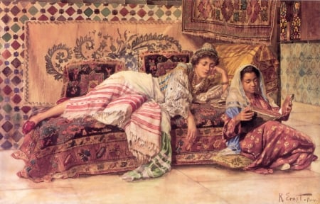 Harem - woman, summer, harem, k ernst, painting, odalisque, art, luminos, pictura, arab