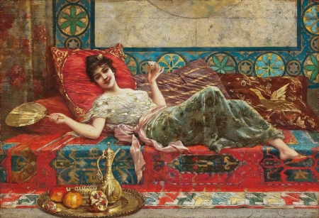 Odalisque - woman, girl, summer, harem, painting, odalisque, art, luminos, red, pictura