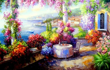 Terrace - summer, sea, terrace, flower, colorful, pictura, painting, ruslan smorodinov, art, luminos