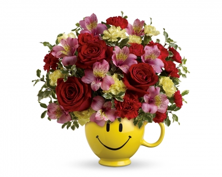 Happy Day! - vase, yellow, smilie, flower, pink, bouquet, red, rose, card, cup