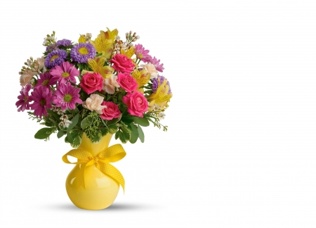 Have a lovely day! - vase, yellow, red, rose, card, flower, bouquet, pink