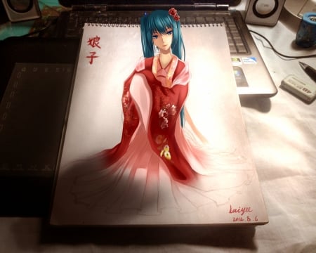 Hatsune Miku - hatsune miku, wei ji, girl, red, card, anime, kimono, manga