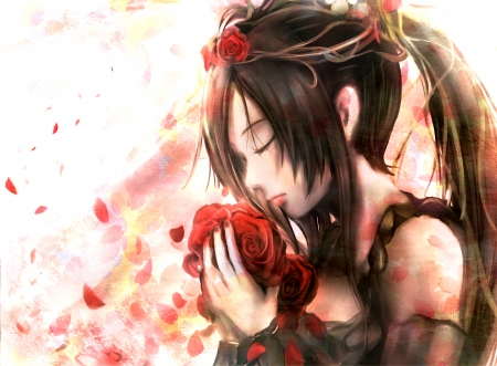 Roses - manga, anime, zhang xiao bo, red, girl, rose, flower