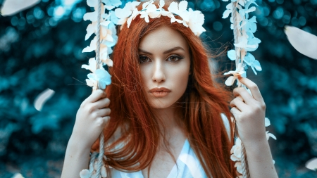 Redhead - woman, redhead, girl, summer, model, white, alessandro di cicco, blue, swing