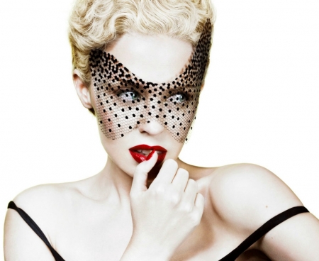 Kylie Minogue - artist, woman, veil, actress, lips, girl, singer, black, white, hand, red, kylie minogue, blonde