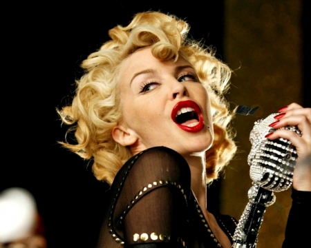 Kylie Minogue - artist, beauty, woman, actress, lips, girl, singer, black, face, microphone, hand, red, kylie minogue, blonde