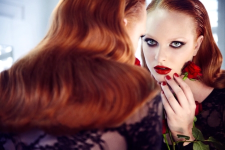 Mirror, mirror... - woman, redhead, girl, lips, rose, model, reflection, mirror, hand, red, flower