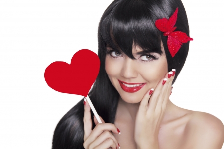 Happy Valentine's Day! - heart, girl, lips, hand, red, valentine, woman, model, face, bow, brunette